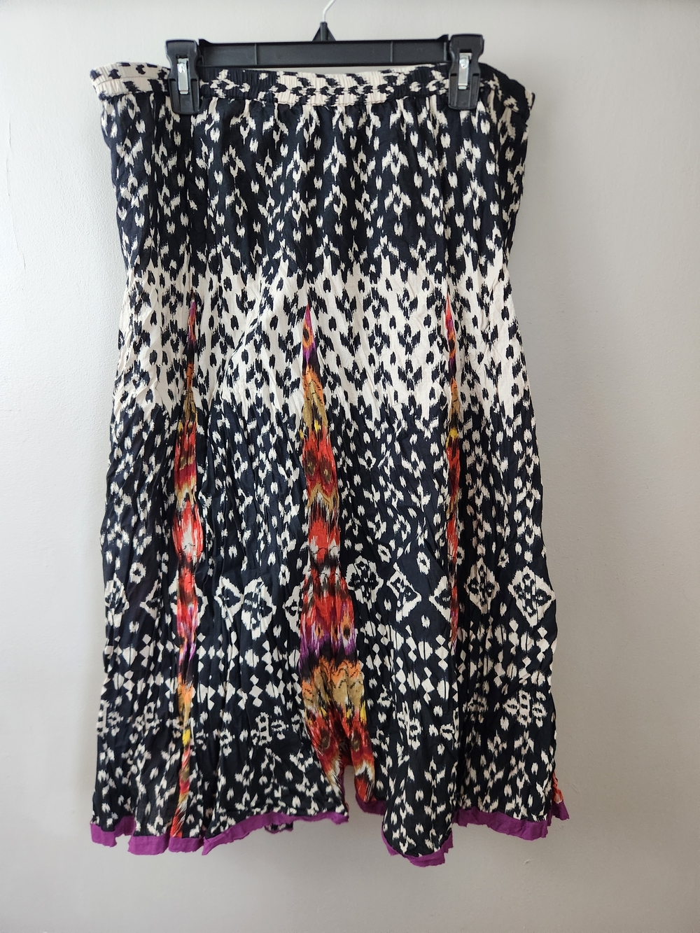 Susan Graver Black White Ikat Midi Maxi Cotton Skirt Red Orange Lightweigt Boho